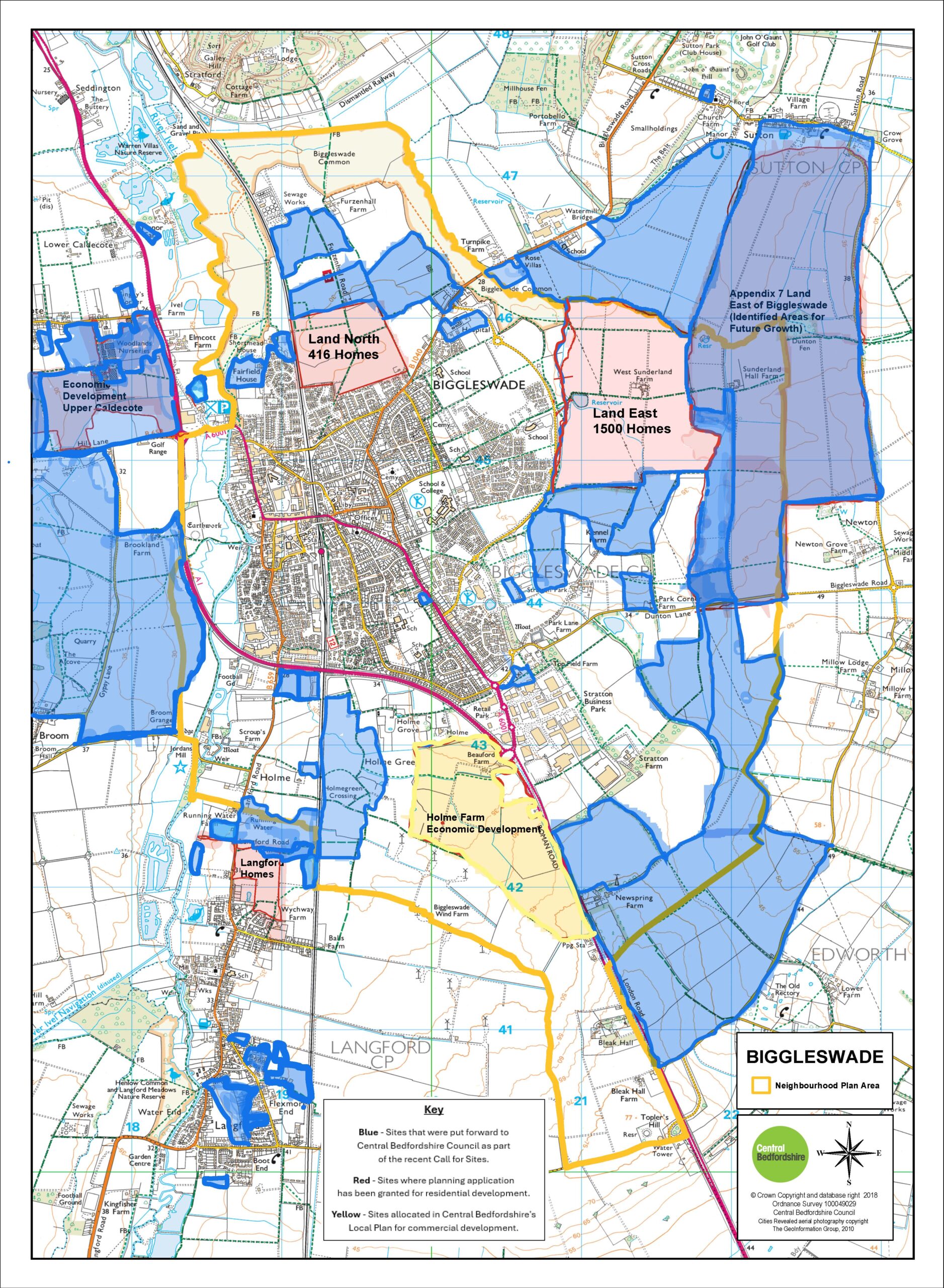 Community Governance Review 2 Appendix D Biggleswade Boundary Map with key identified areas of development and Call for Sites scaled